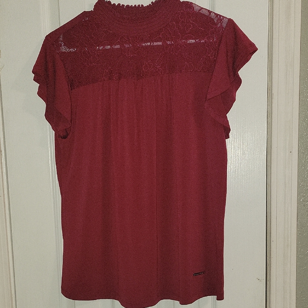 Adrienne Vittadini Red Flutter Sleeve Blouse with Mandarin Collar